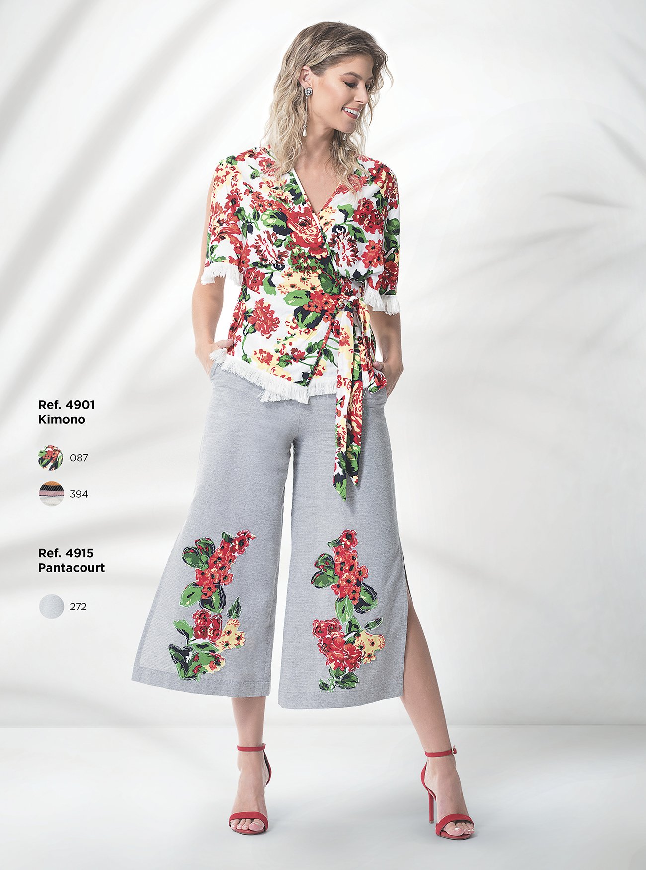 Kimono estampado | Calça pantacourt com aplicação de tecido estampado
